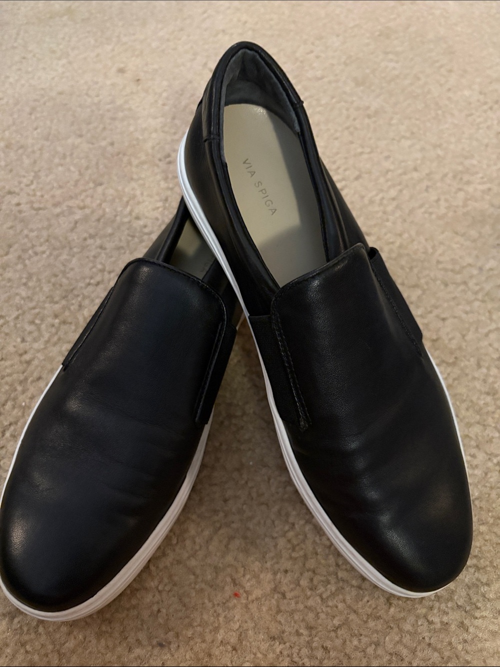 Via Spiga Black Leather Slip-On Loafers with White Sole size 7